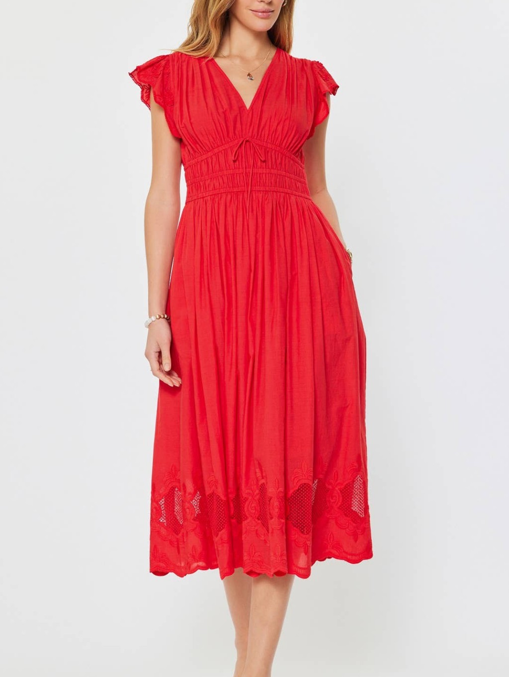 Current Air Red V-Neck Midi Dress With Smocked Waist
